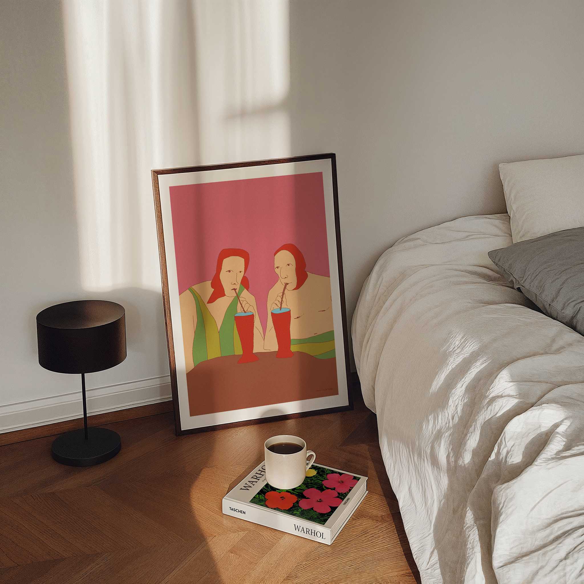 Modern abstract couple illustration with pink background and red accents, Scandinavian wall art