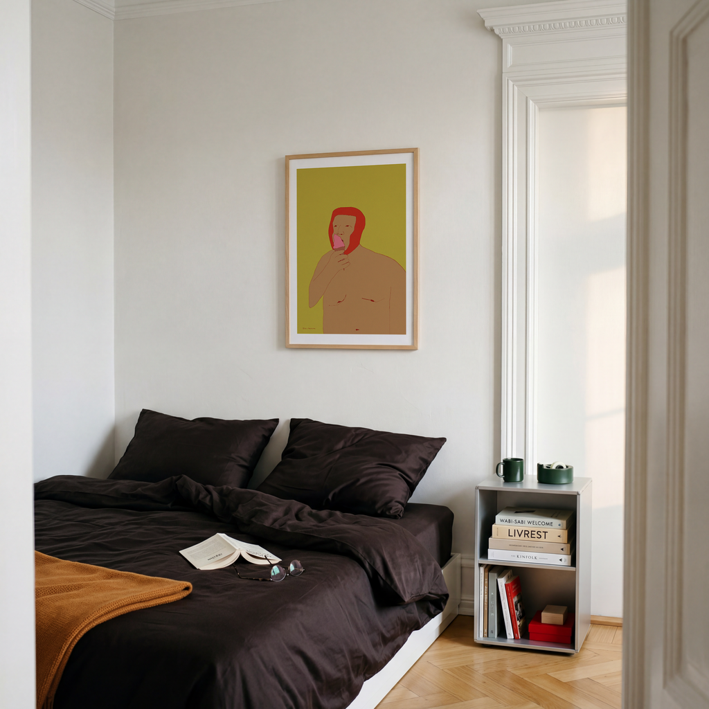 Contemporary figurative summer art print of a person eating ice cream, Scandinavian illustration in mustard and red tones.