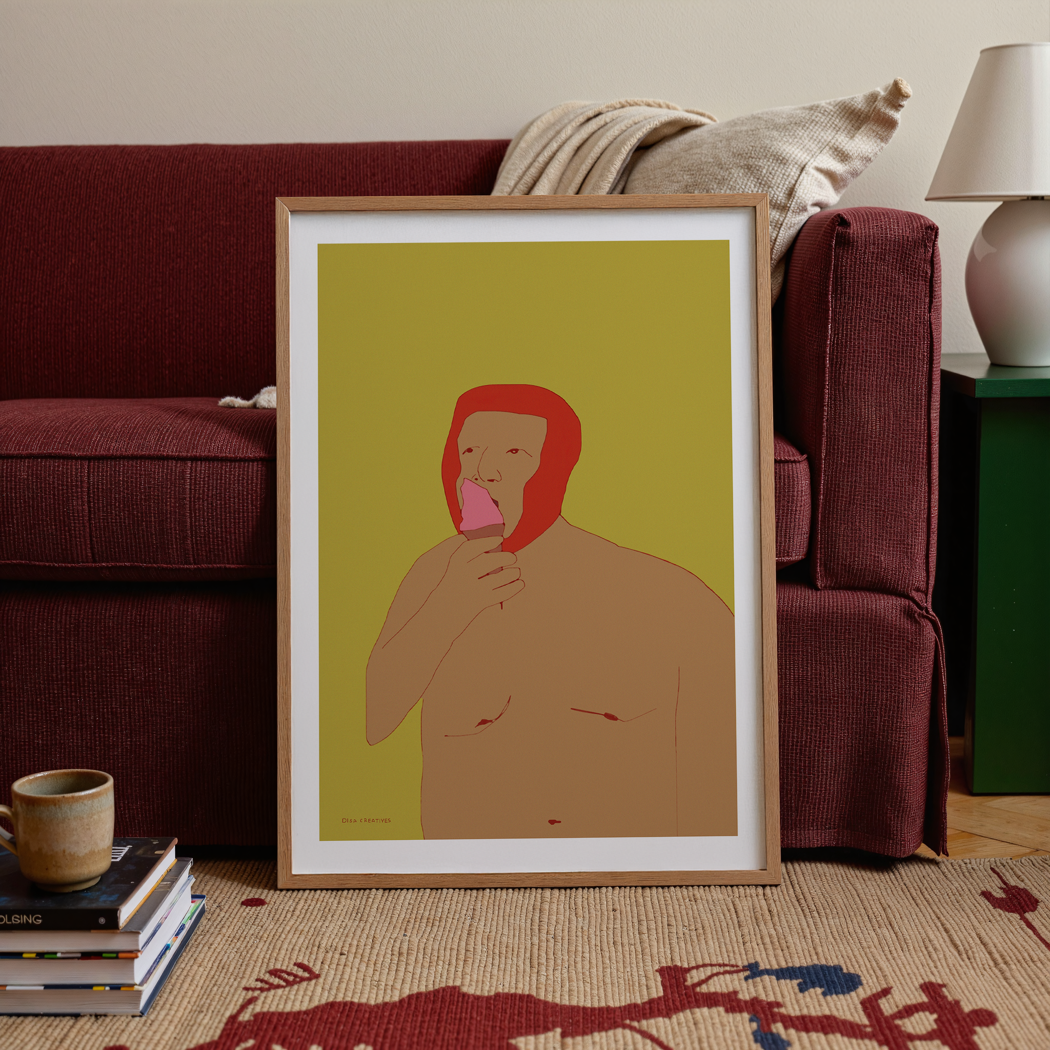 “Contemporary figurative summer art print of a person eating ice cream, Scandinavian illustration in mustard and red tones.”