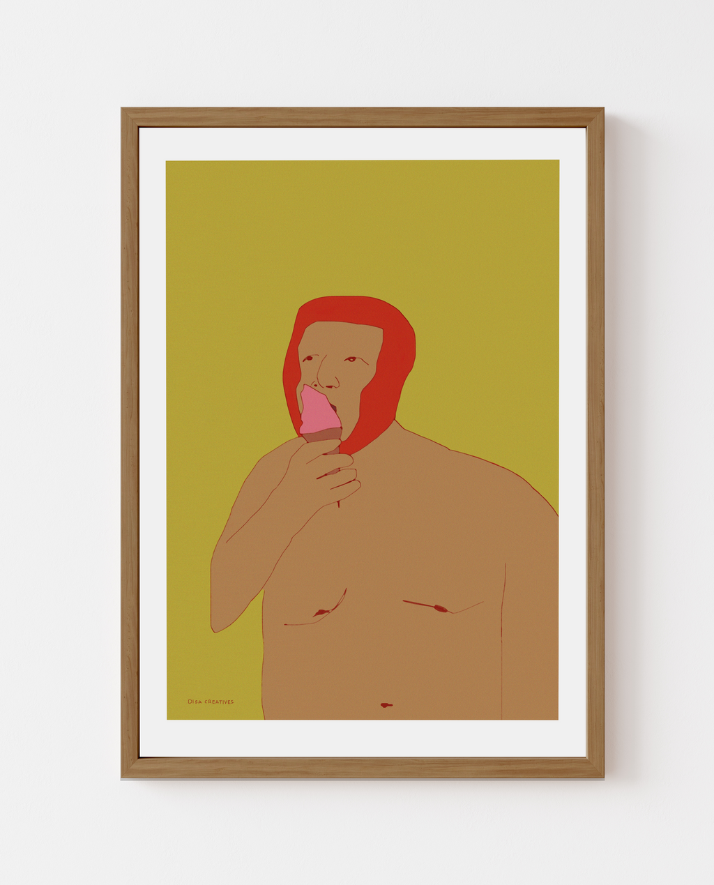 Contemporary figurative summer art print of a person eating ice cream, Scandinavian illustration in mustard and red tones.”