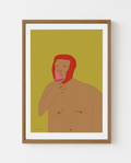 Contemporary figurative summer art print of a person eating ice cream, Scandinavian illustration in mustard and red tones.”