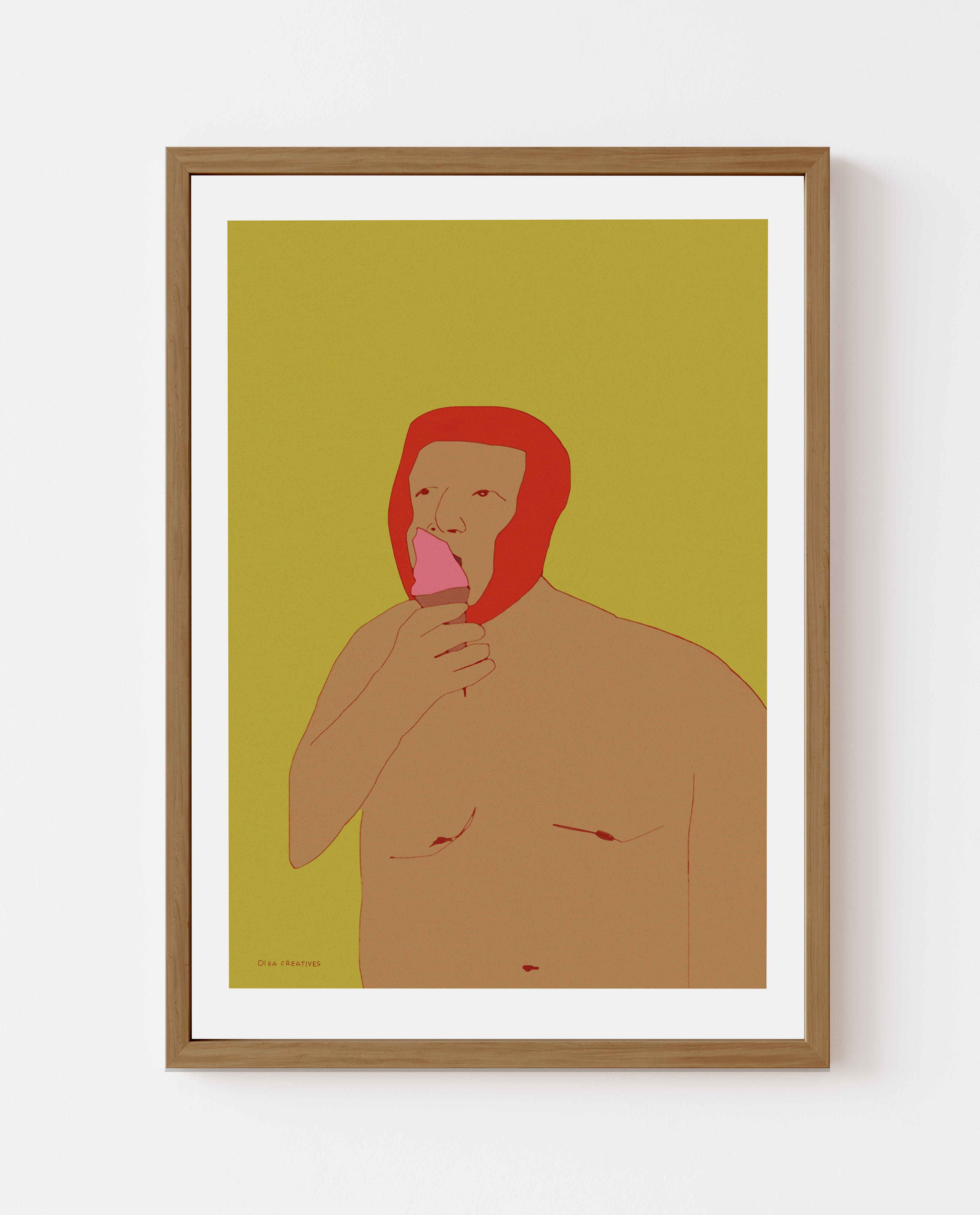 Contemporary figurative summer art print of a person eating ice cream, Scandinavian illustration in mustard and red tones.”