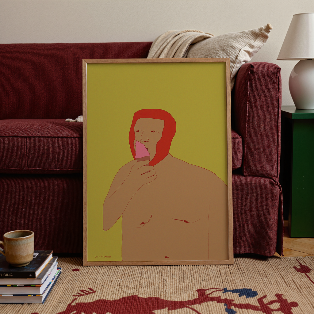 Contemporary figurative summer art print of a person eating ice cream, Scandinavian illustration in mustard and red tones.