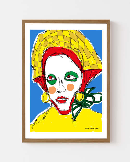 A vibrant contemporary portrait art print with bold colors and sculptural forms. Expressionist, Scandinavian-inspired wall art designed by Disa Creatives