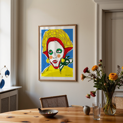 Contemporary figurative portrait with bold colours and sculptural forms, modern Scandinavian art print on a bright blue background