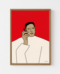 Contemporary figurative art print of a minimalist figure holding a cigarette against a bold red background, modern Scandinavian design