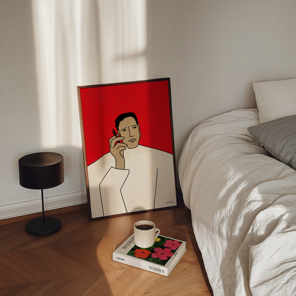 Contemporary figurative art print of a minimalist figure holding a cigarette against a bold red background, modern Scandinavian design