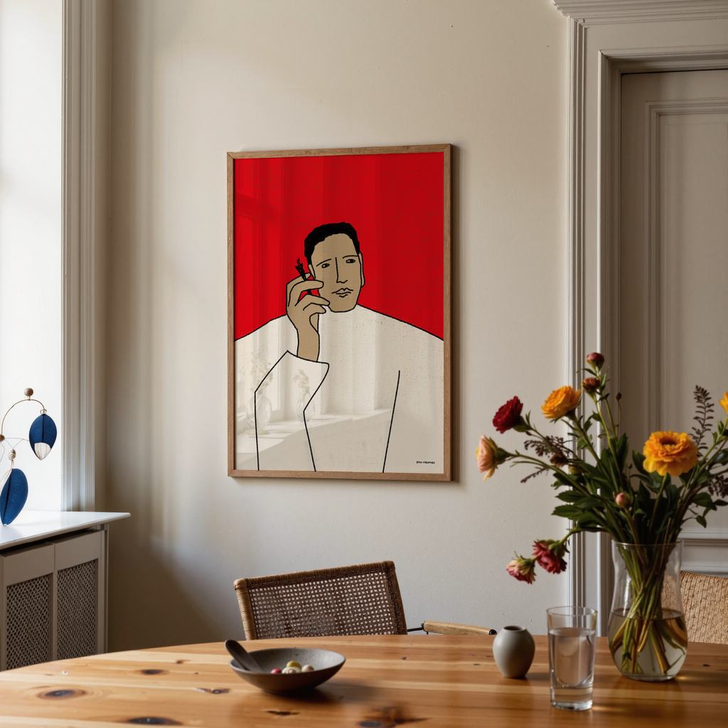 Contemporary figurative art print of a minimalist figure holding a cigarette against a bold red background, modern Scandinavian design
