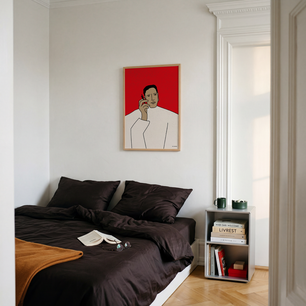 Contemporary figurative art print of a minimalist figure holding a cigarette against a bold red background, modern Scandinavian design