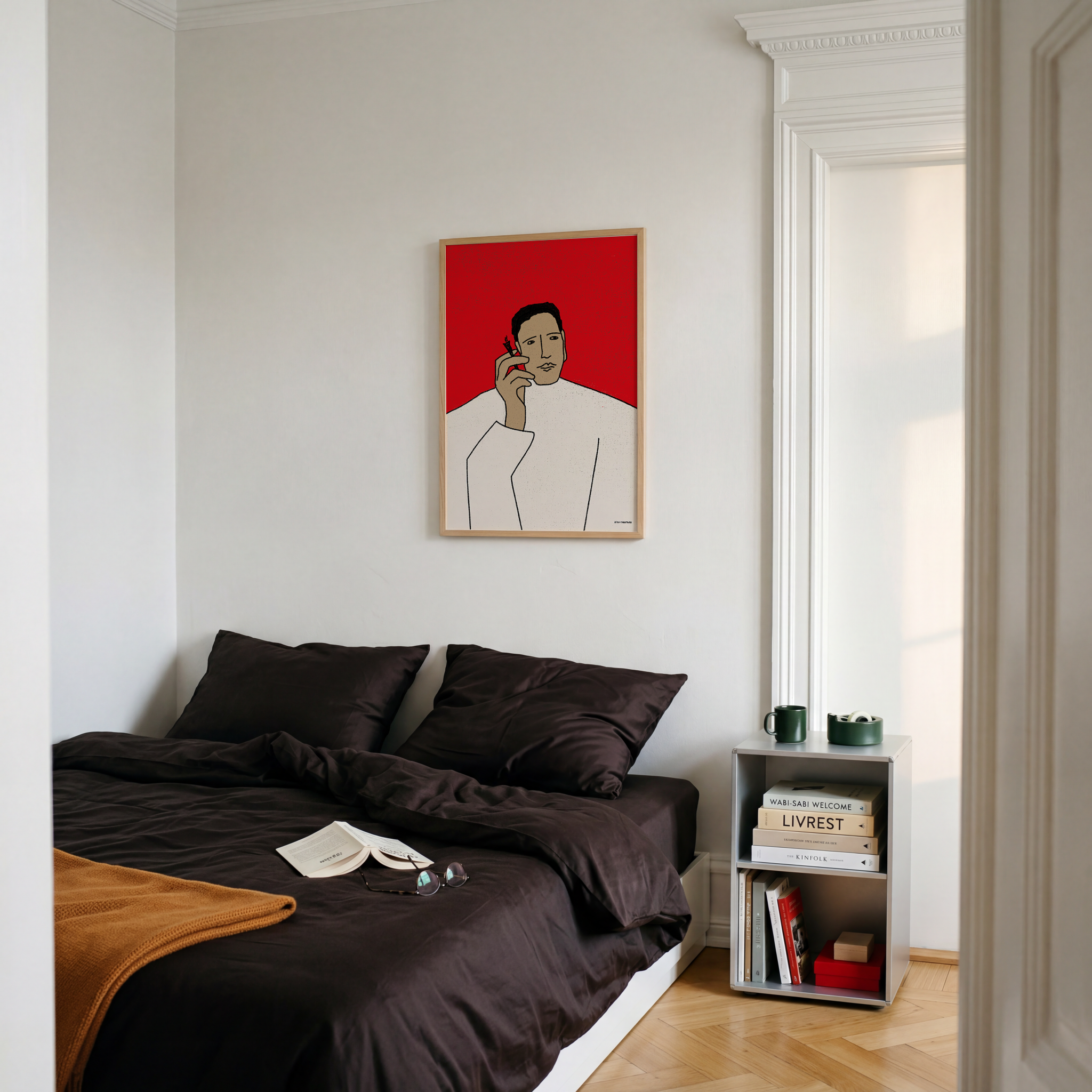 Contemporary figurative art print of a minimalist figure holding a cigarette against a bold red background, modern Scandinavian design