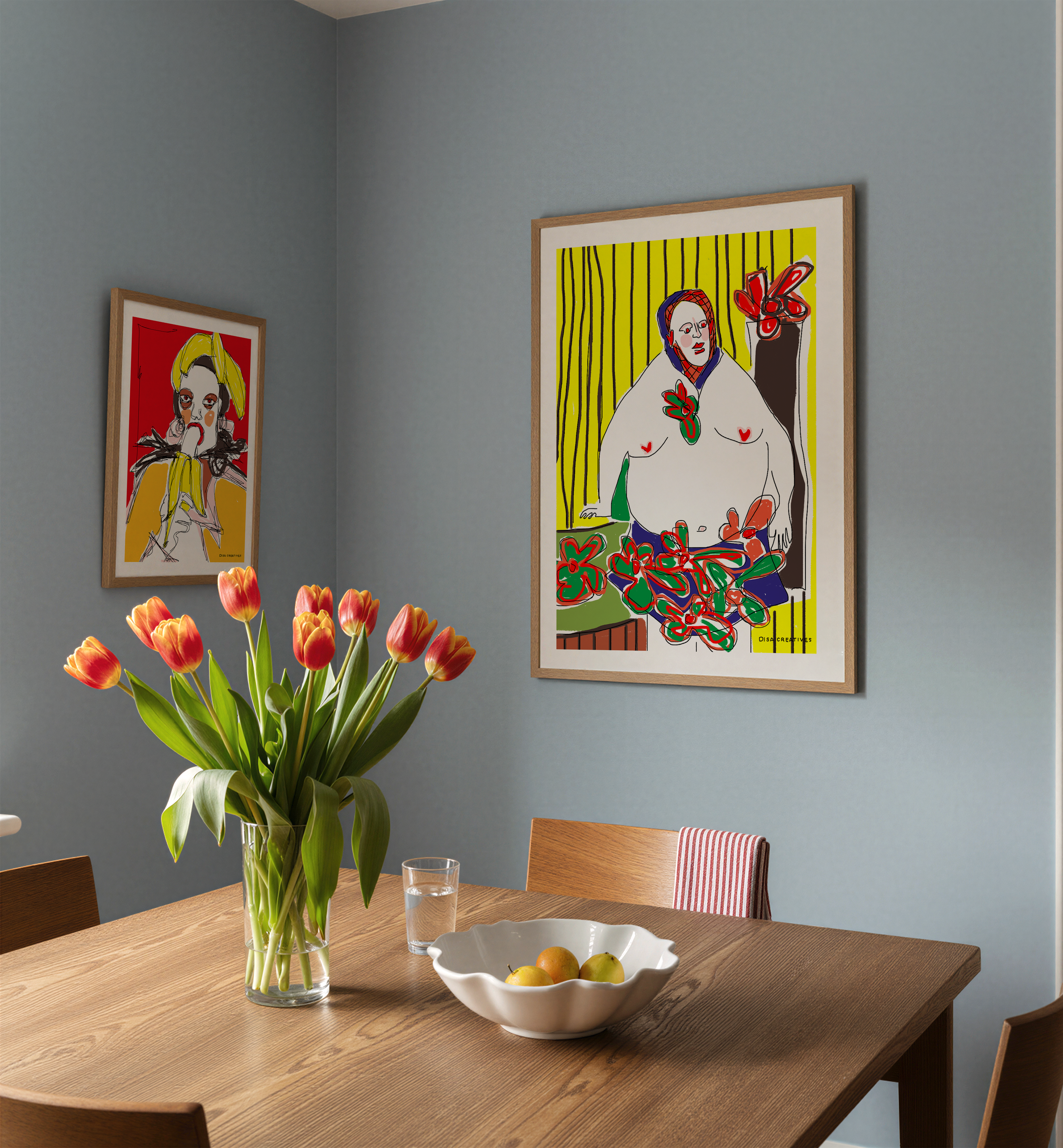 Contemporary figurative artwork of a standing figure with bold colours and red flowers, modern Scandinavian art print.