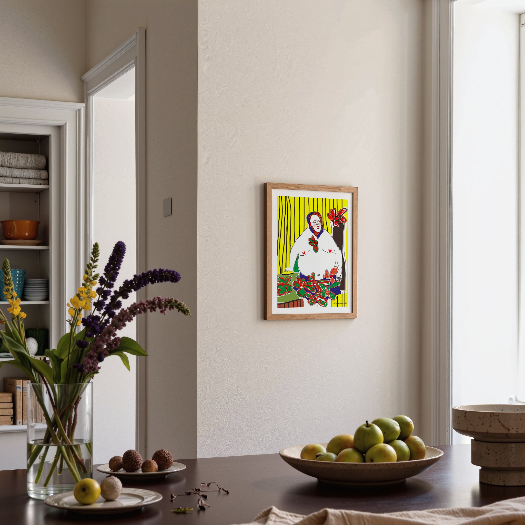 Contemporary figurative artwork of a standing figure with bold colours and red flowers, modern Scandinavian art print.