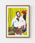 Contemporary figurative artwork of a standing figure with bold colours and red flowers, modern Scandinavian art print.