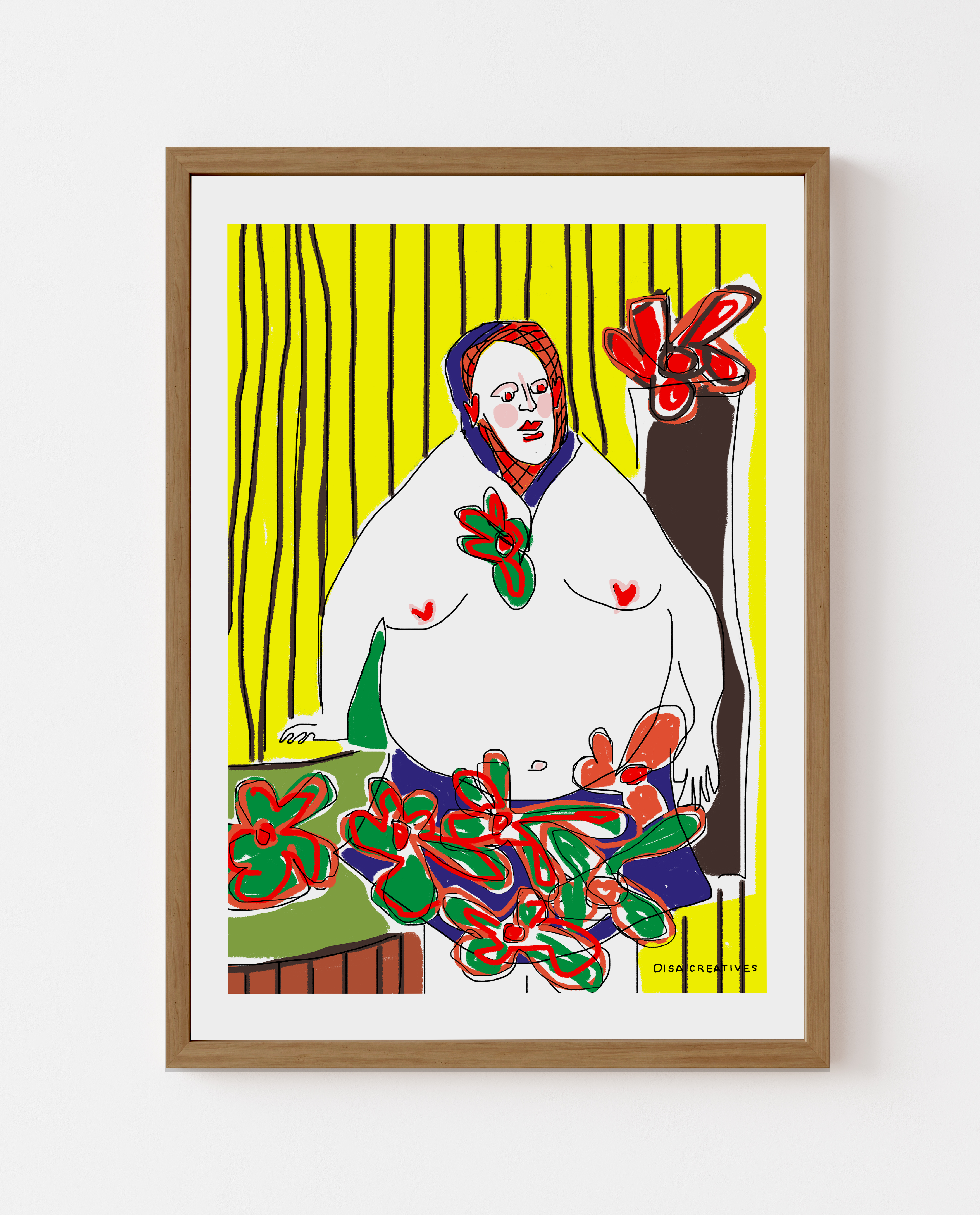 Contemporary figurative artwork of a standing figure with bold colours and red flowers, modern Scandinavian art print.