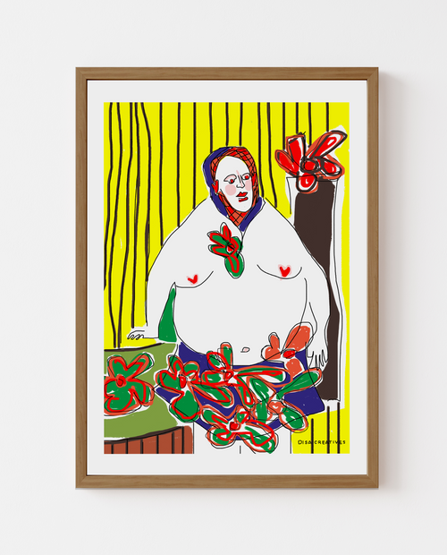 Contemporary figurative artwork of a standing figure with bold colours and red flowers, modern Scandinavian art print.