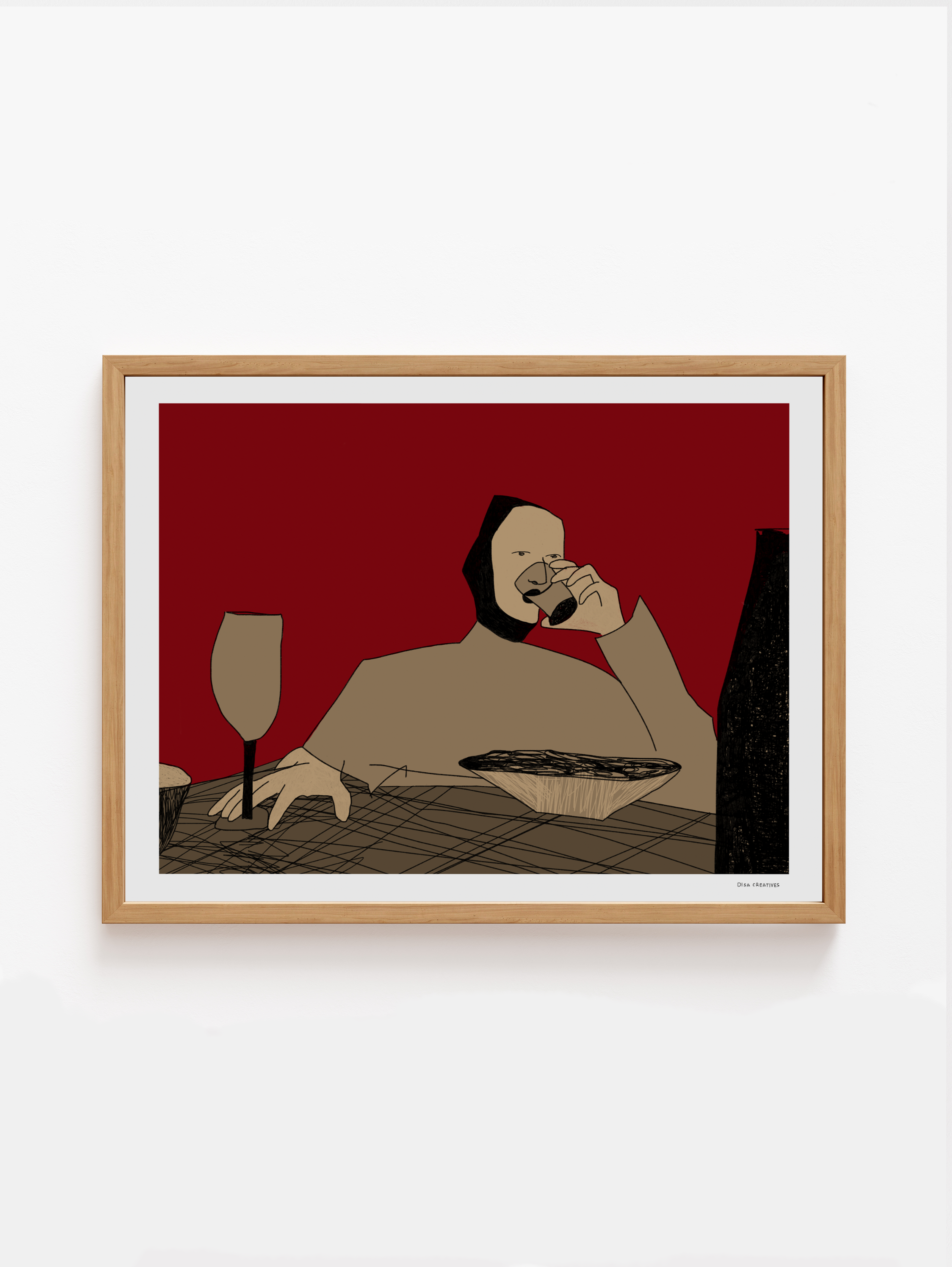 Expressionist illustration of a person sitting at a dinner table with wine, food, and a glass in hand, in a warm red color palette.”