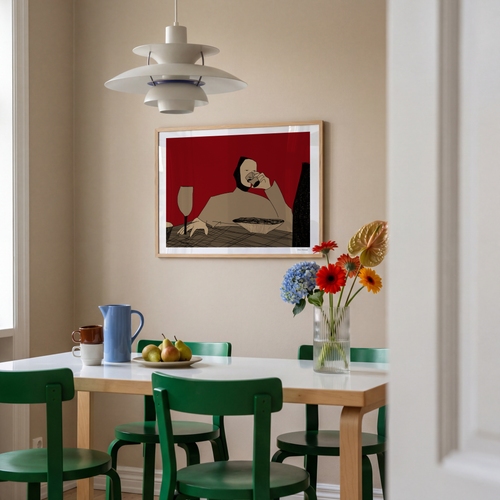 Contemporary expressionist art print by Disa Creatives. A warm, intimate dining scene in deep red tones — perfect for modern and Scandinavian interiors.