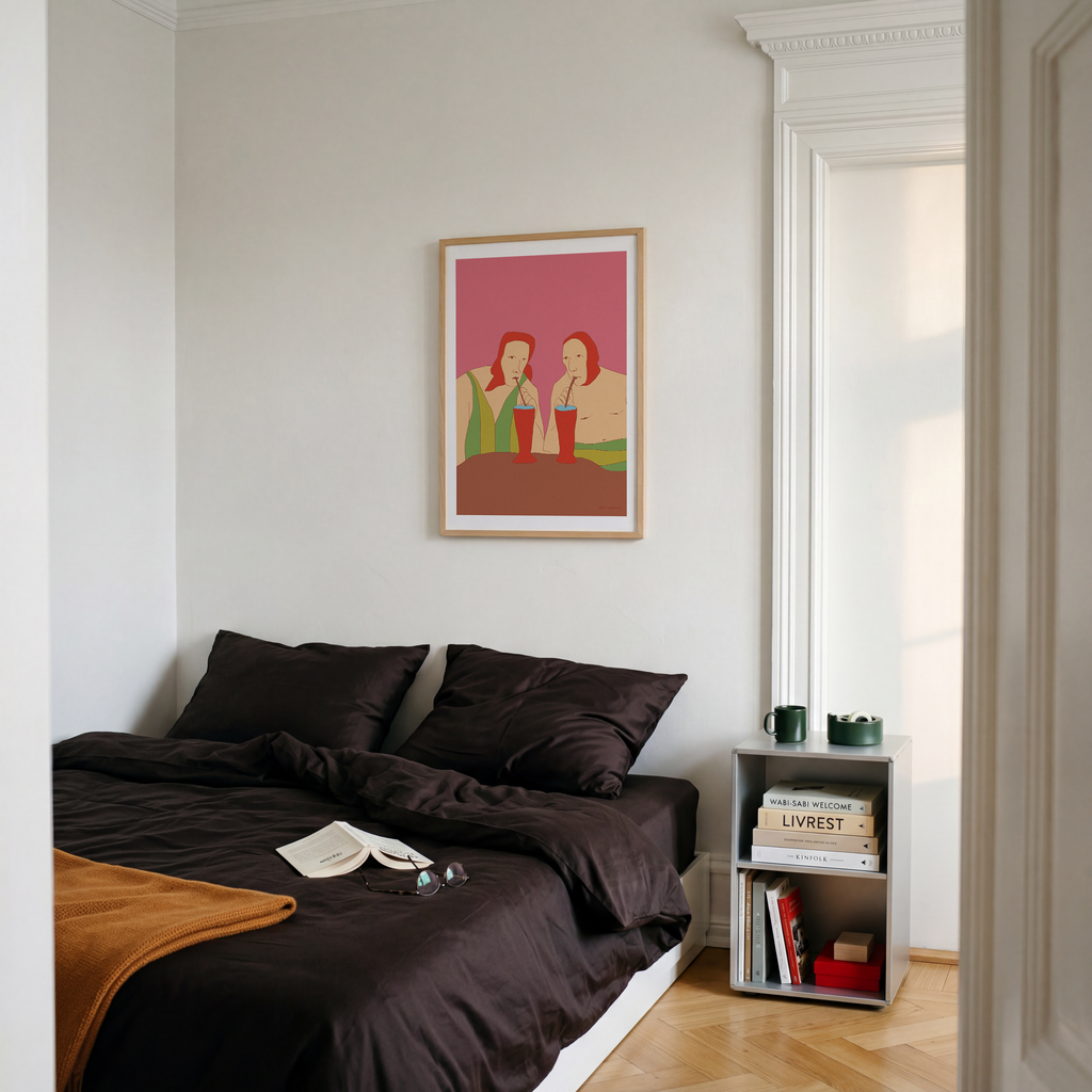 Contemporary figurative illustration of two people sharing a whispered conversation, modern Scandinavian art print in pink and red tones.