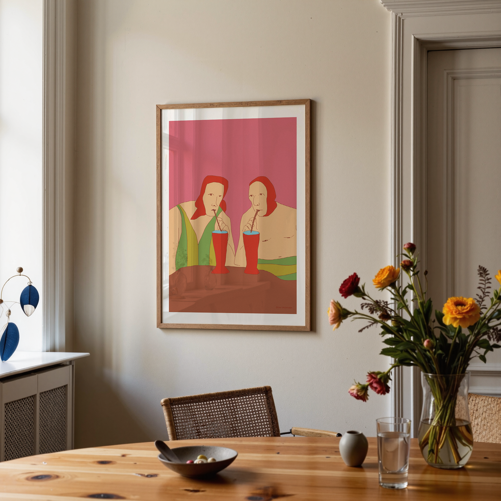 Expressionist figurative art print of two people sharing an intimate moment, bold colors and minimalist forms.