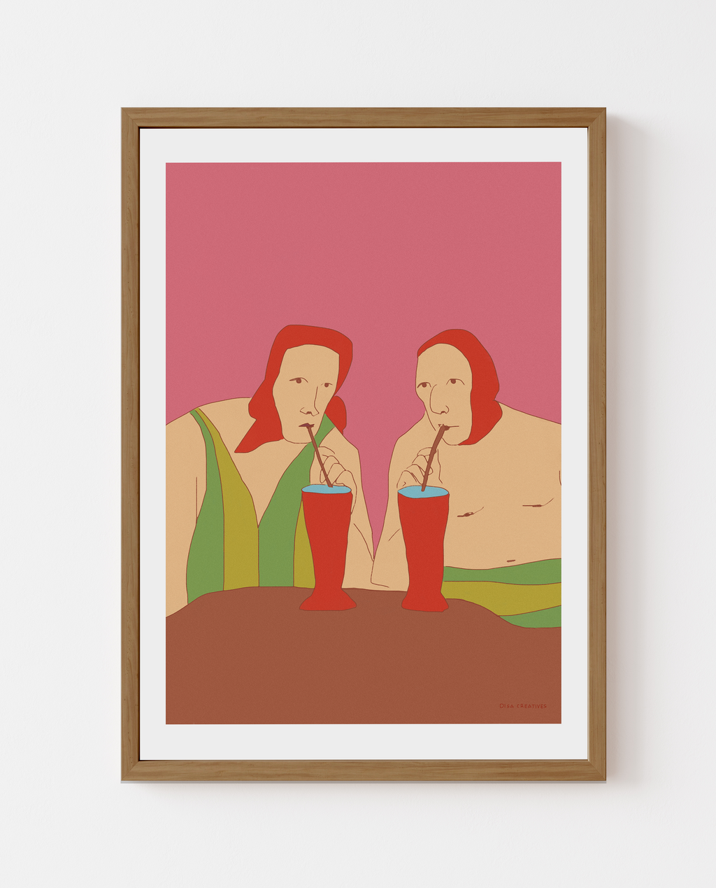 Contemporary figurative illustration of two people sharing a whispered conversation, modern Scandinavian art print in pink and red tones
