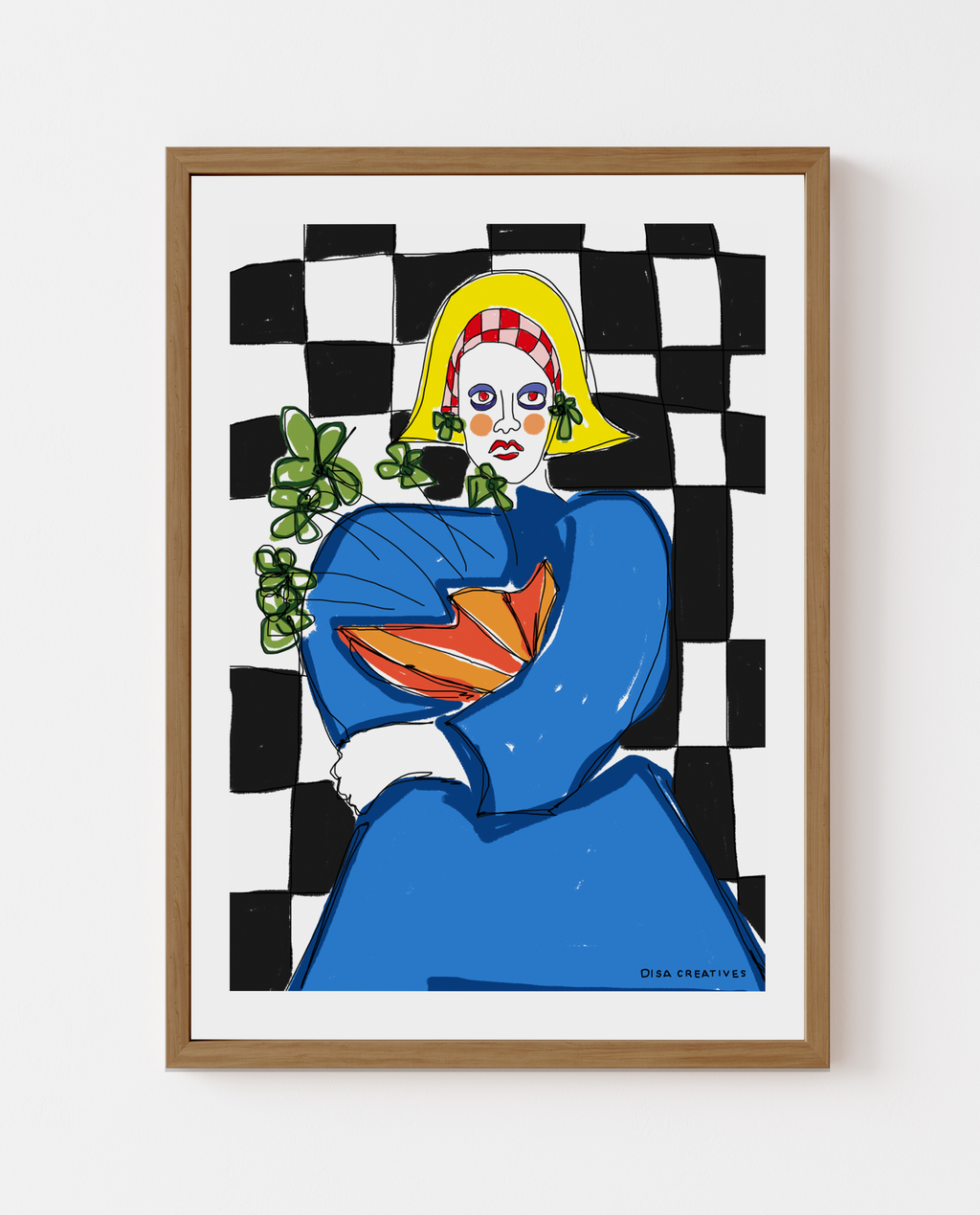 Contemporary figurative artwork of a bold character in blue with vibrant colours and checkered background, modern Scandinavian art print.
