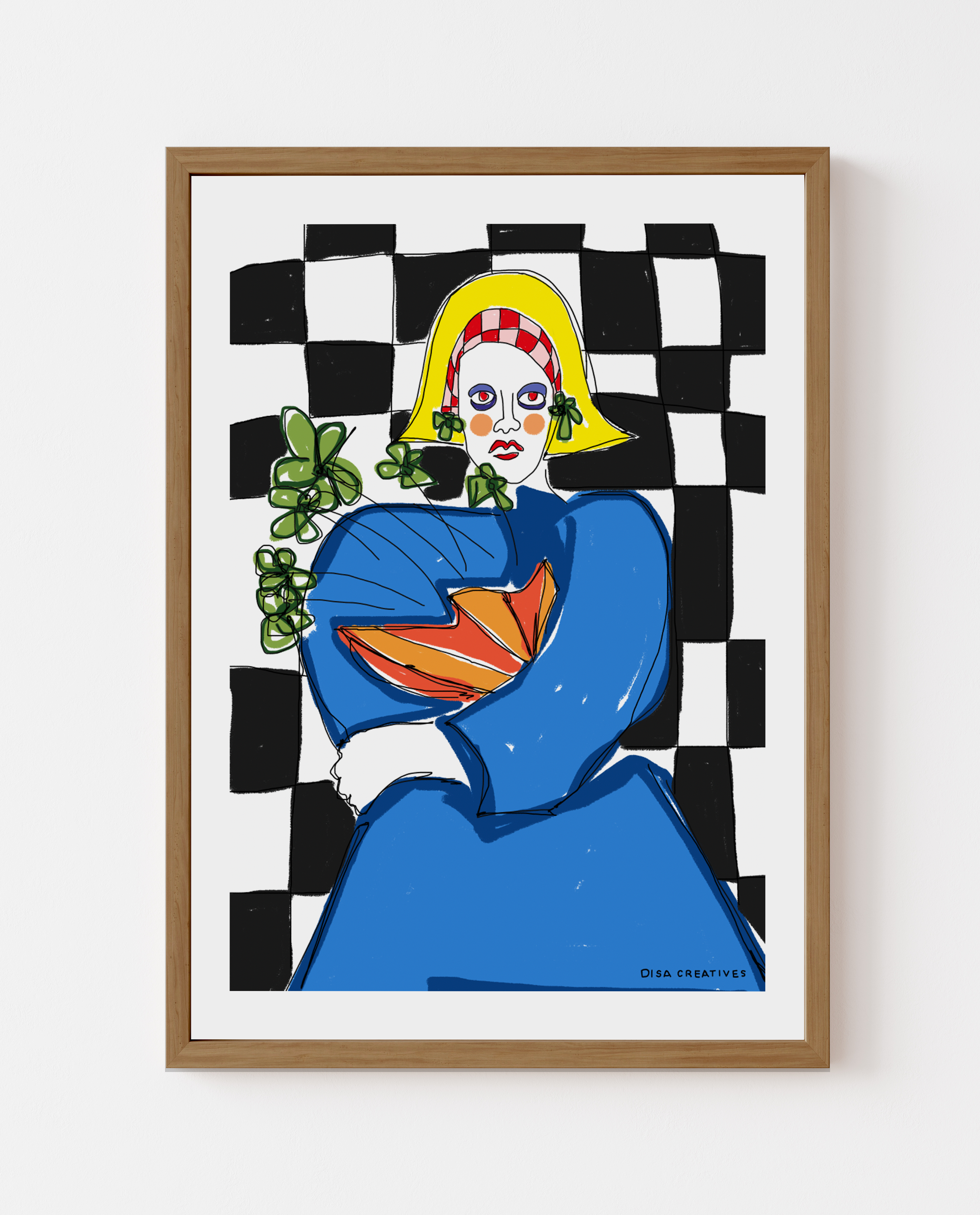 Contemporary figurative artwork of a bold character in blue with vibrant colours and checkered background, modern Scandinavian art print.