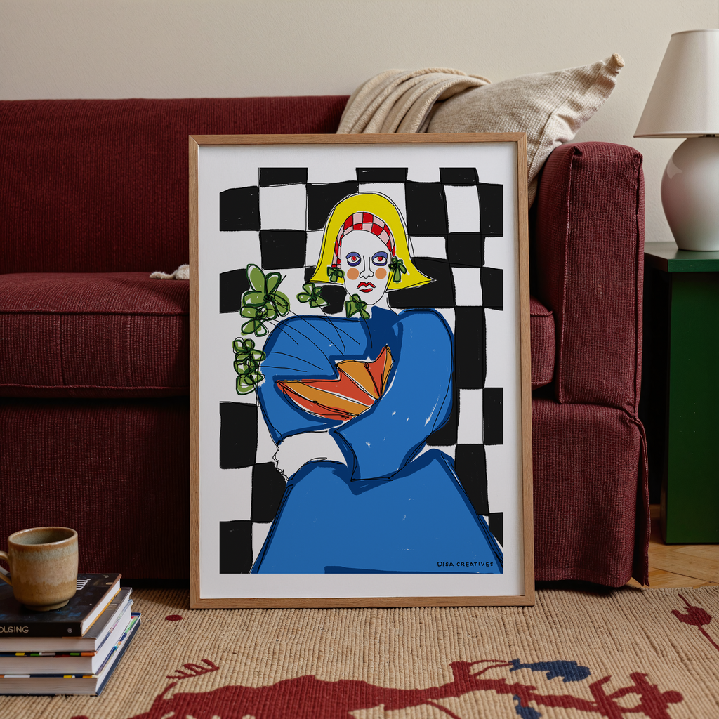 Contemporary figurative artwork of a bold character in blue with vibrant colours and checkered background, modern Scandinavian art print.