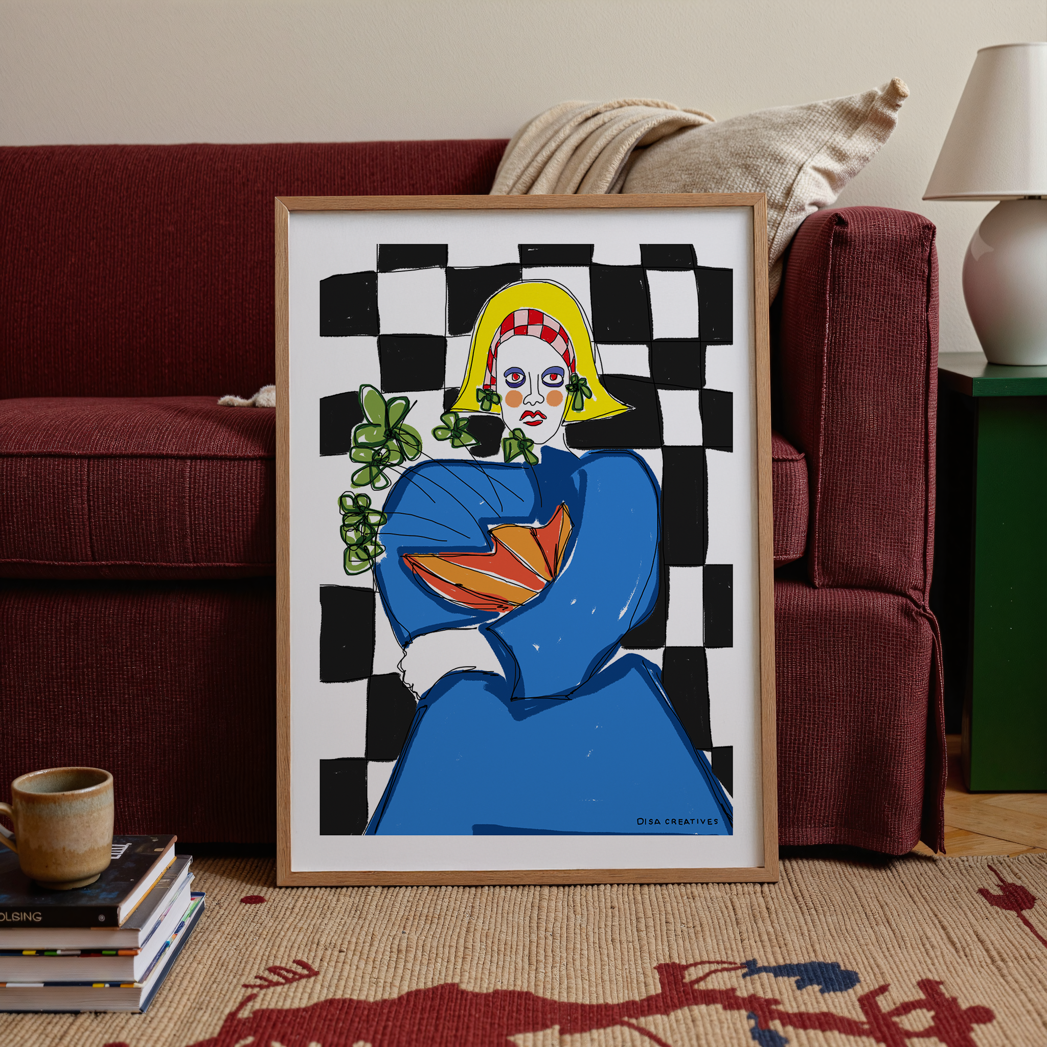 Contemporary figurative artwork of a bold character in blue with vibrant colours and checkered background, modern Scandinavian art print.