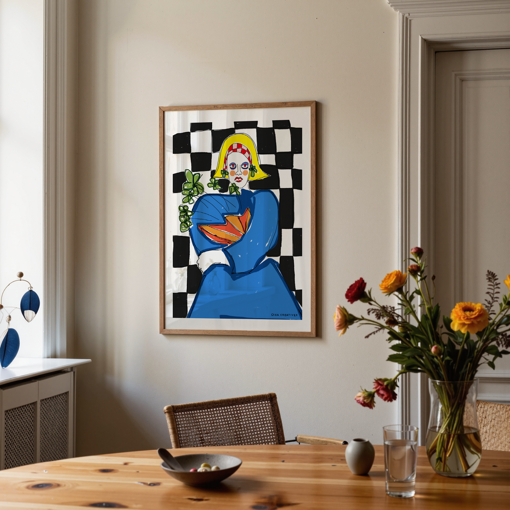 Contemporary figurative artwork of a bold character in blue with vibrant colours and checkered background, modern Scandinavian art print.