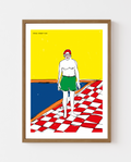 Contemporary figurative art print of a character in green swim trunks and a red swim cap standing on a red‑and‑white checkered floor beside a pool, bright yellow background.”