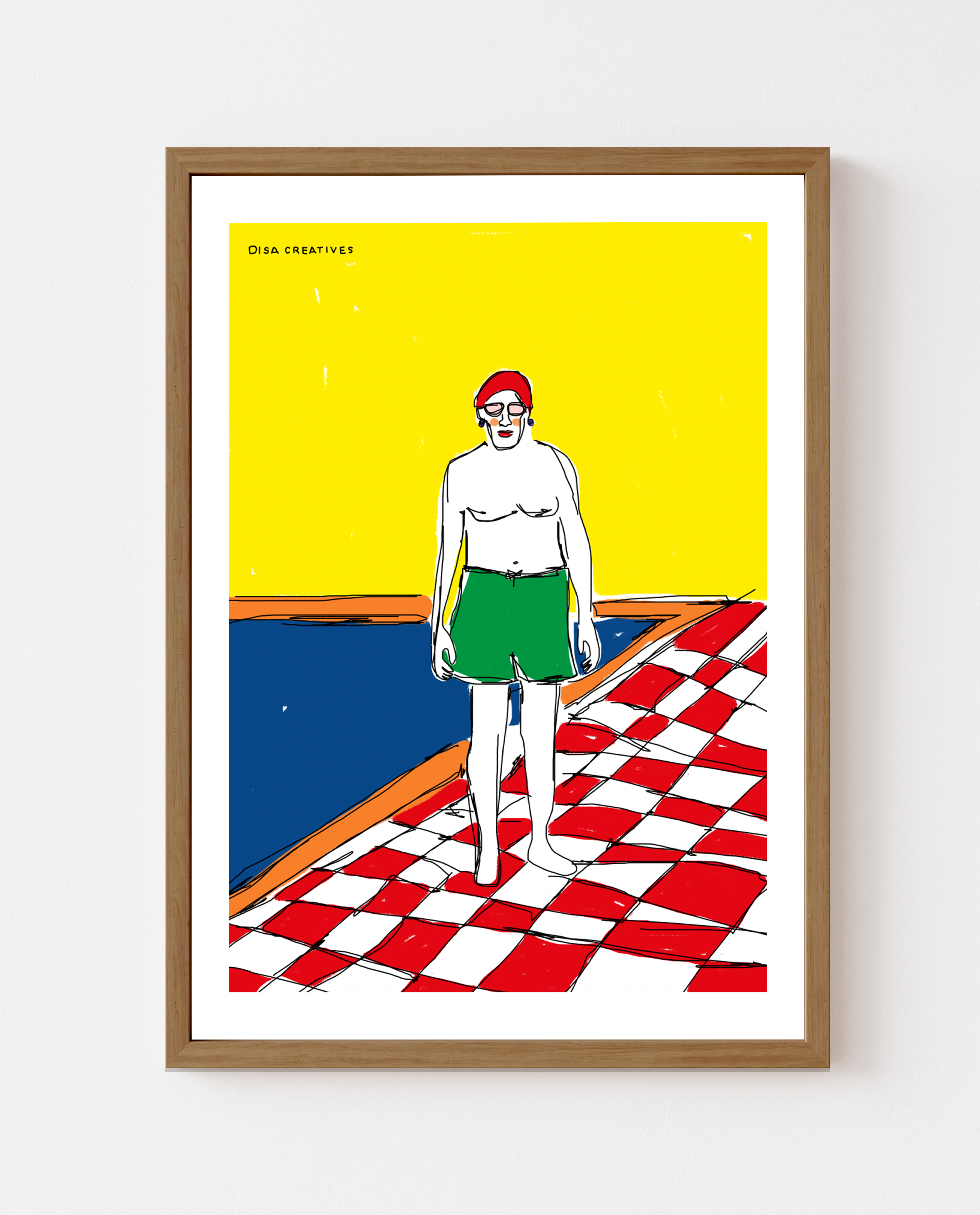 Contemporary figurative art print of a character in green swim trunks and a red swim cap standing on a red‑and‑white checkered floor beside a pool, bright yellow background.”