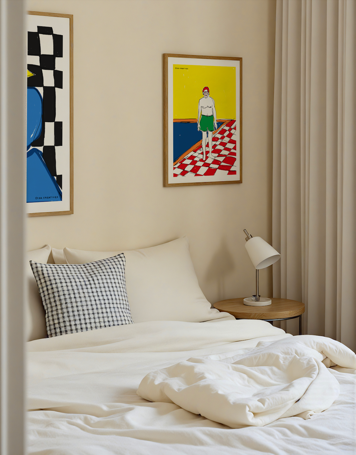 A contemporary figurative art print featuring a playful character standing on a red‑and‑white checkered floor beside a pool. Bright colours, clean shapes, and Scandinavian design elements create a vibrant and summery atmosphere, making this artwork a lively focal point in modern interiors. Designed by Disa Creatives.